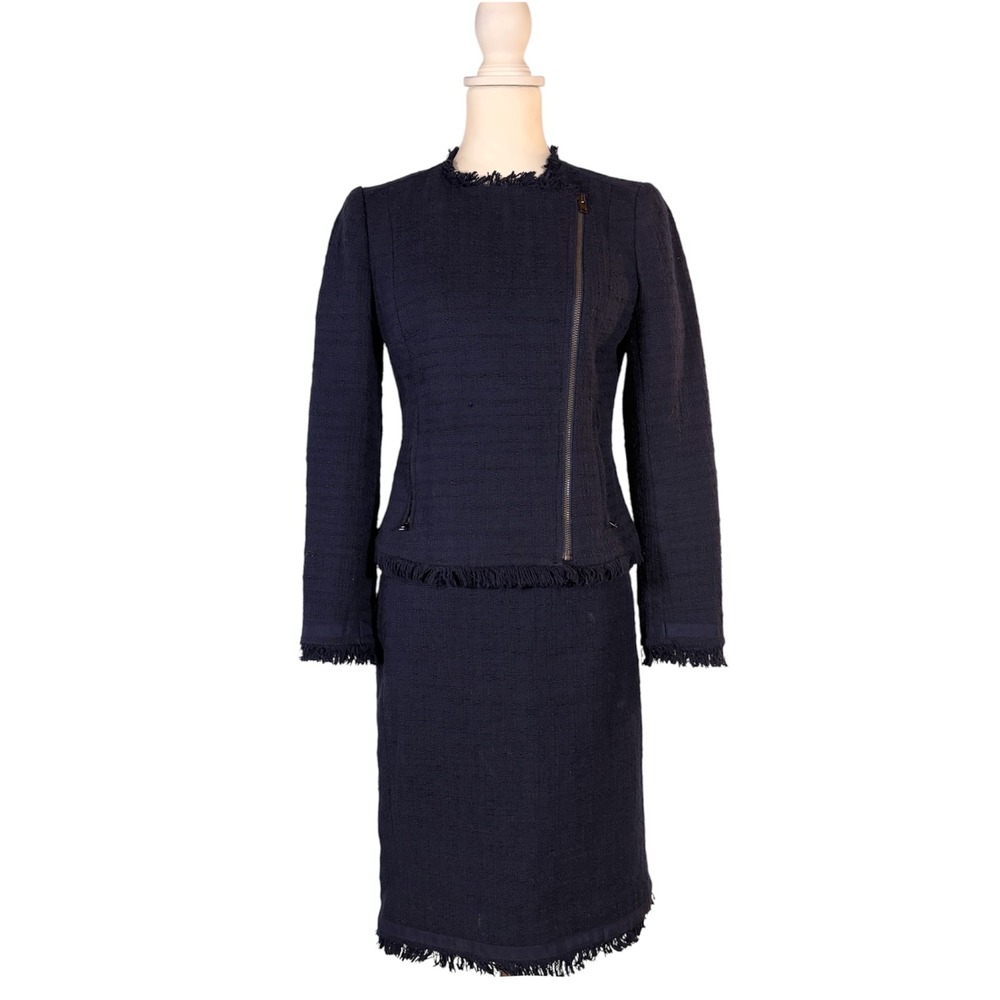 J. Crew Navy Blue Tweed Suit Moto Jacket Pencil Skirt Set Preppy Classic Chic